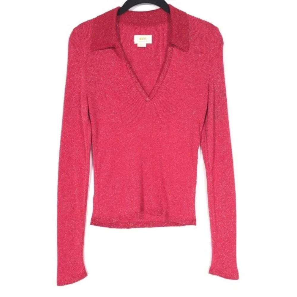 Maeve Anthropologie V-Neck Lurex Polo Sweater MEDIUM Shiny Metallic‎ Long Sleeve